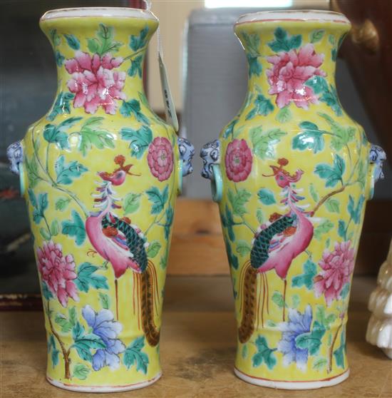 Pair of Canton enamelled yellow ground vases (chip to rim)